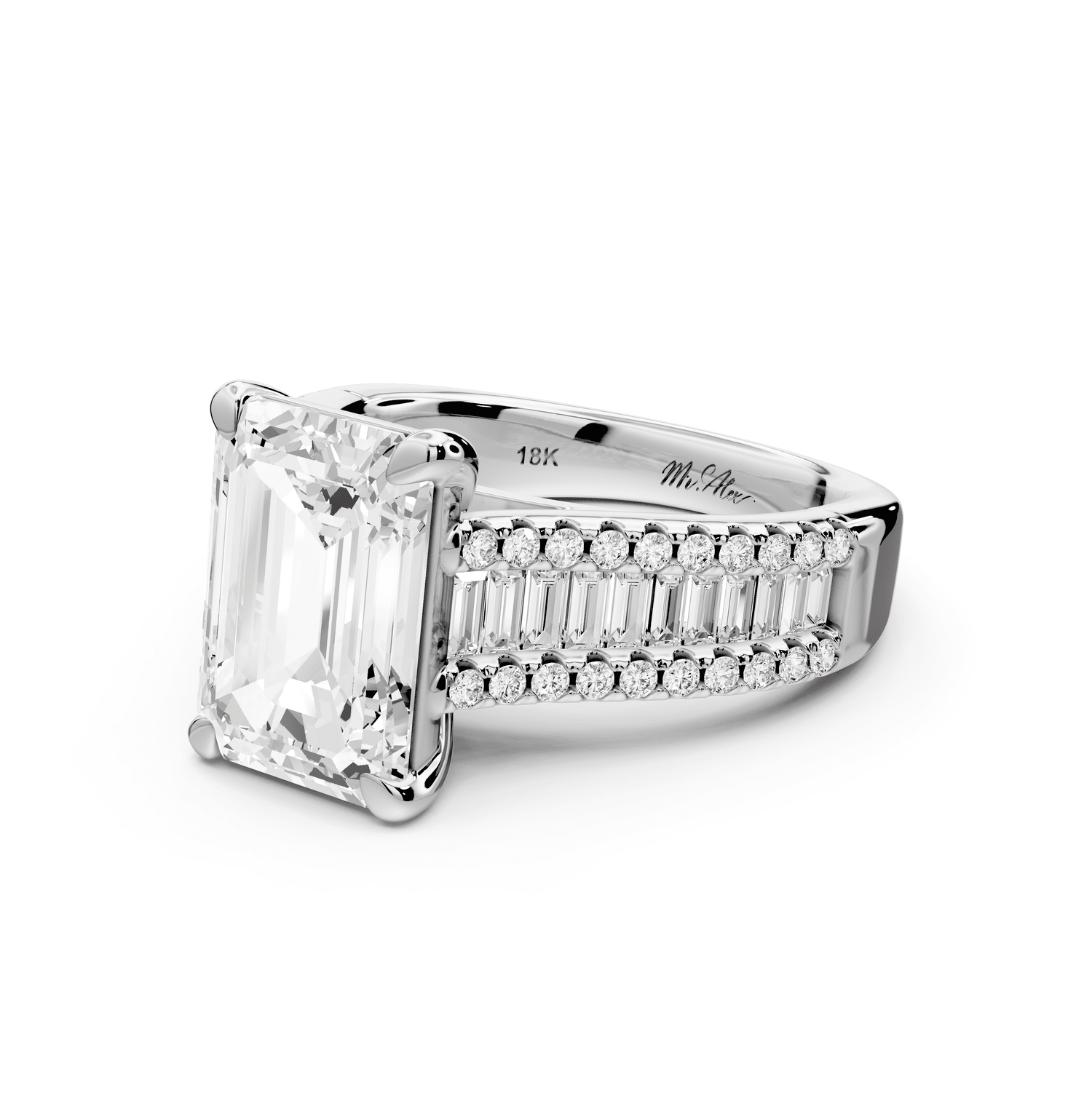 Estelle - 4ct 18k white gold emerald diamond with emerald and round cut accent stones half band cathedral engagamengt ring - Mr. Alex Jewelry