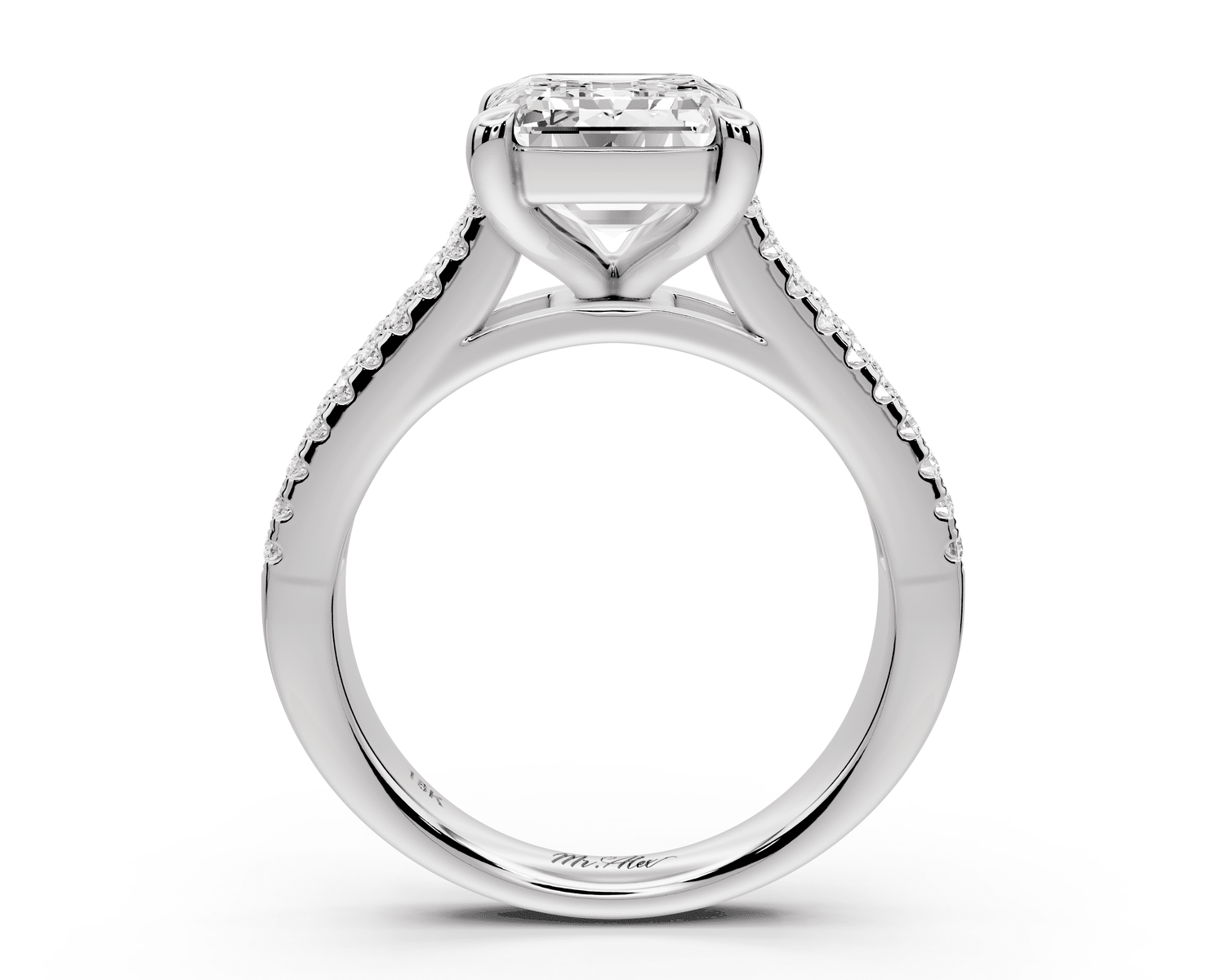 Estelle - 4ct 18k white gold emerald diamond with emerald and round cut accent stones half band cathedral engagamengt ring - Mr. Alex Jewelry