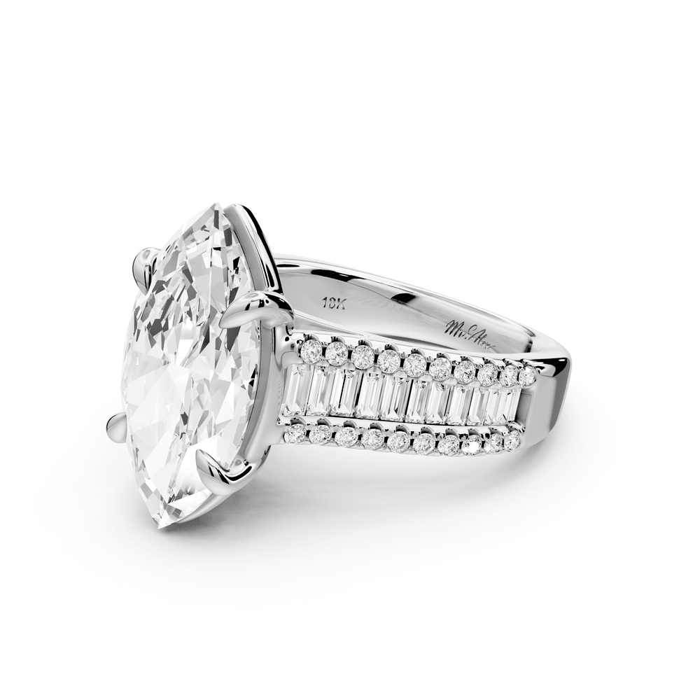 Estelle - 4ct 18k white gold marquise diamond with emerald and round cut accent stones half band cathedral engagement ring - Mr. Alex Jewelry