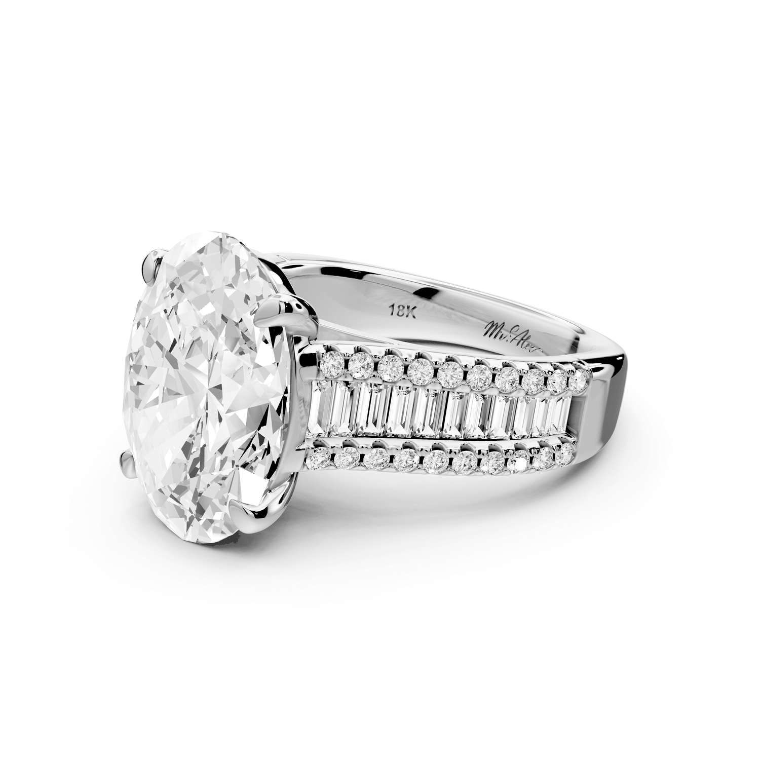 Estelle - 4ct 18k white gold oval diamond with emerald and round cut accent stones half band cathedral engagamengt ring - Mr. Alex Jewelry