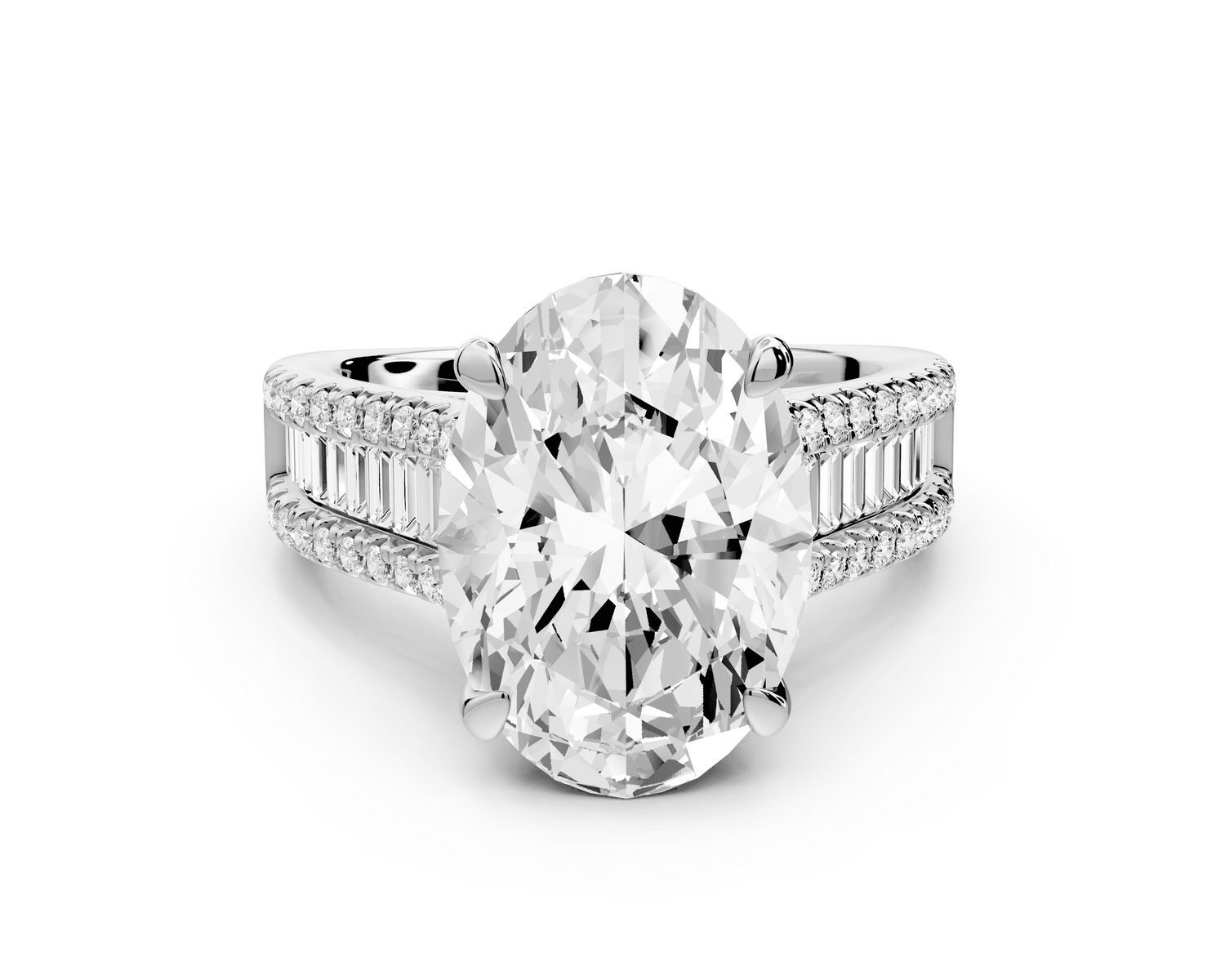 Estelle - 4ct 18k white gold oval diamond with emerald and round cut accent stones half band cathedral engagamengt ring - Mr. Alex Jewelry