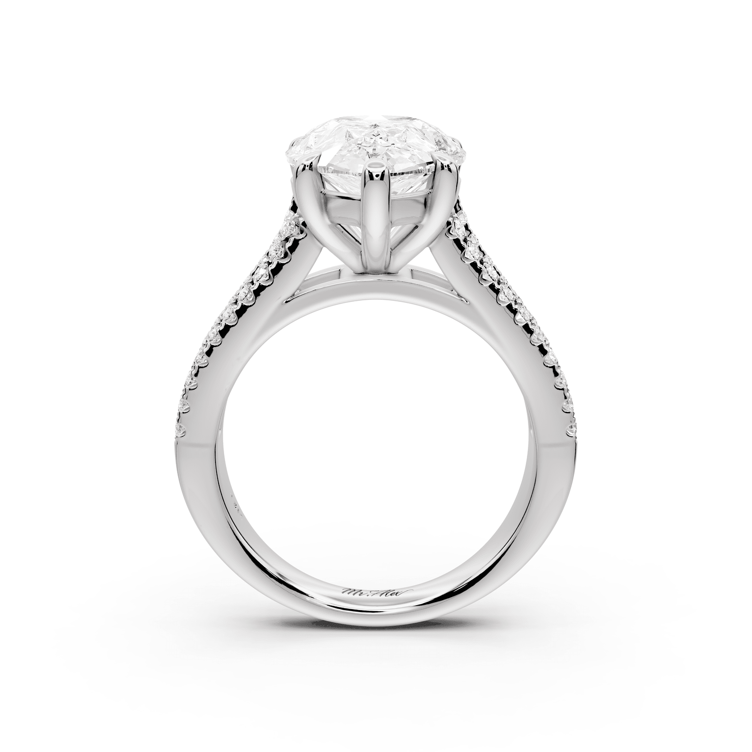 Estelle - 4ct 18k white gold pear diamond with emerald and round cut accent stones half band cathedral engagamengt ring - Mr. Alex Jewelry