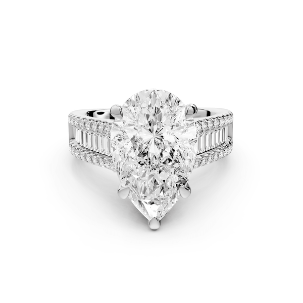 Estelle - 4ct 18k white gold pear diamond with emerald and round cut accent stones half band cathedral engagamengt ring - Mr. Alex Jewelry