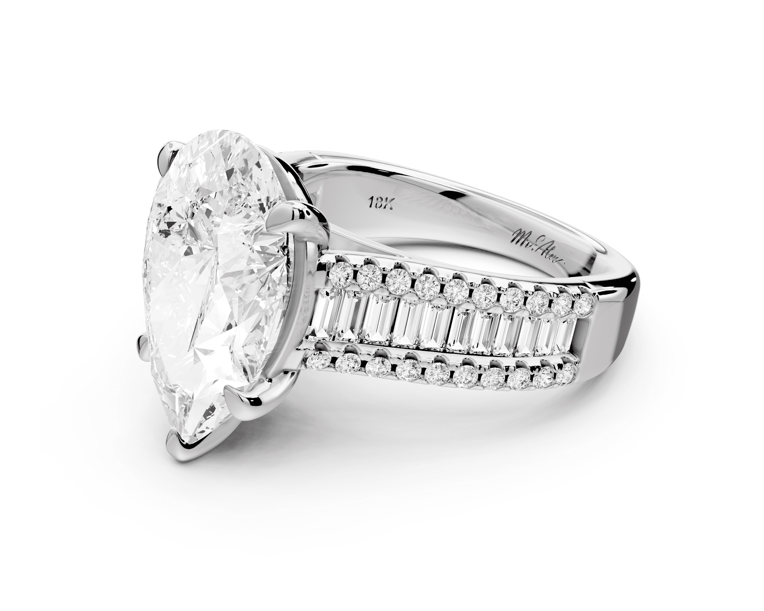 Estelle - 4ct 18k white gold pear diamond with emerald and round cut accent stones half band cathedral engagamengt ring - Mr. Alex Jewelry