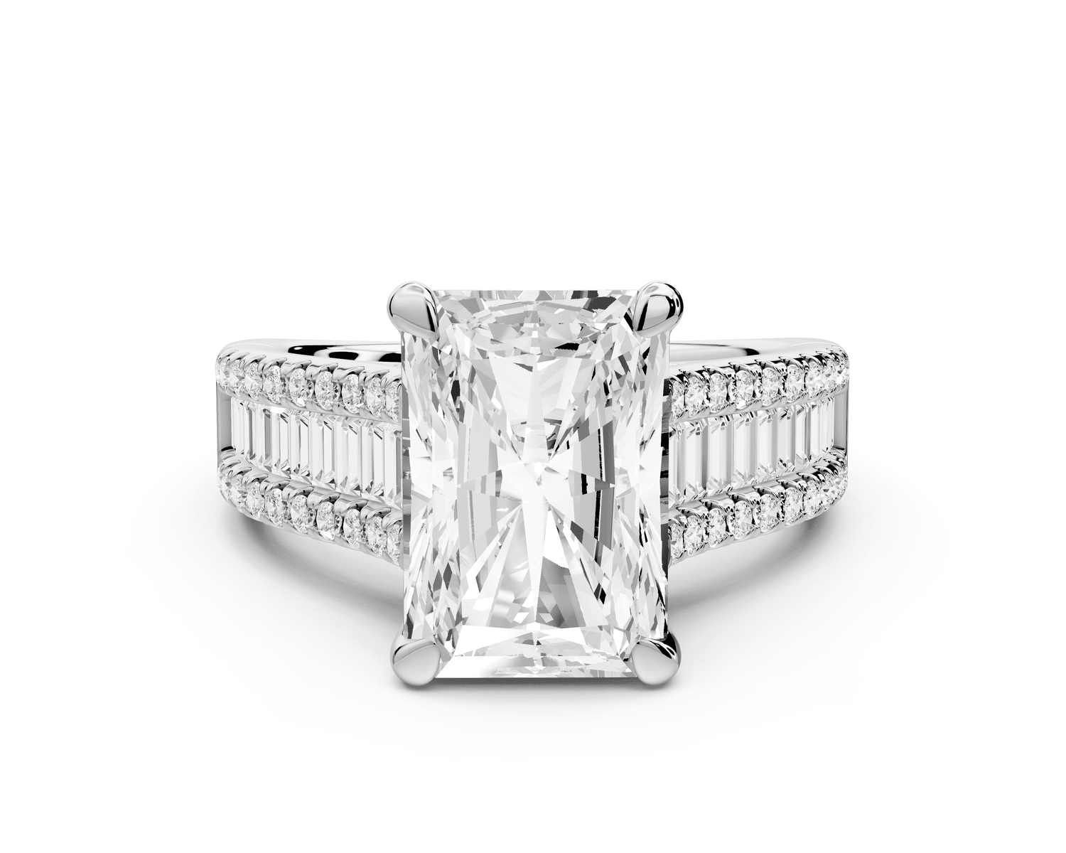 Estelle - 4ct 18k white gold radiant diamond with emerald and round cut accent stones half band cathedral engagement ring - Mr. Alex Jewelry