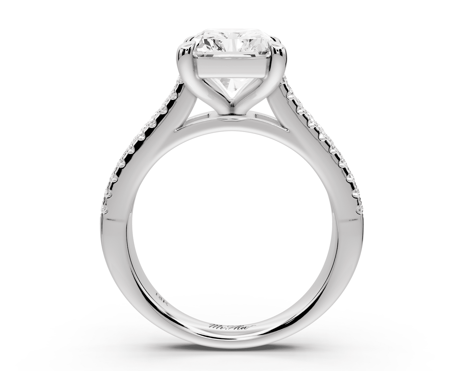 Estelle - 4ct 18k white gold radiant diamond with emerald and round cut accent stones half band cathedral engagement ring - Mr. Alex Jewelry