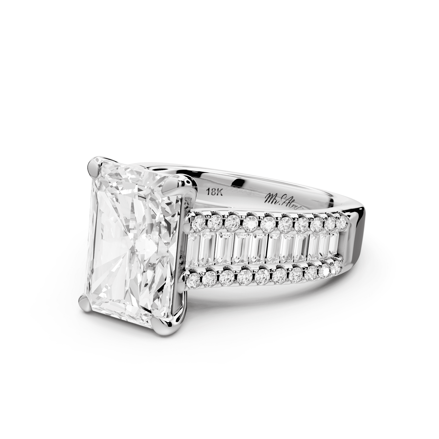 Estelle - 4ct 18k white gold radiant diamond with emerald and round cut accent stones half band cathedral engagement ring - Mr. Alex Jewelry