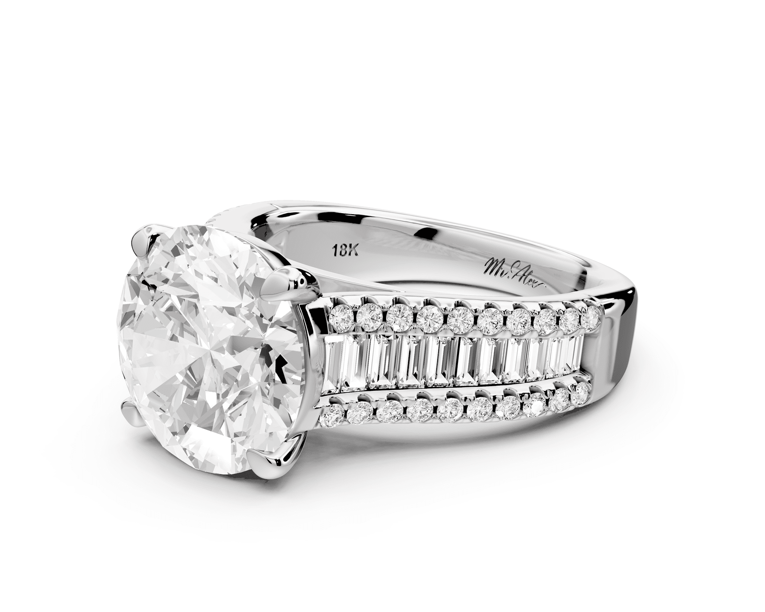 Estelle - 4ct 18k white gold round diamond with emerald and round cut accent stones half band cathedral engagamengt ring - Mr. Alex Jewelry