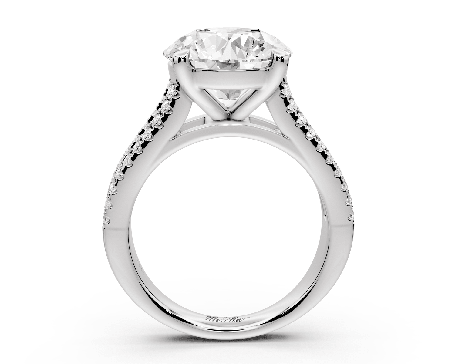 Estelle - 4ct 18k white gold round diamond with emerald and round cut accent stones half band cathedral engagamengt ring - Mr. Alex Jewelry