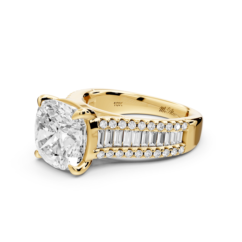 Estelle - 4ct 18k yellow gold cushion diamond with emerald and round cut accent stones half band cathedral engagement ring - Mr. Alex Jewelry