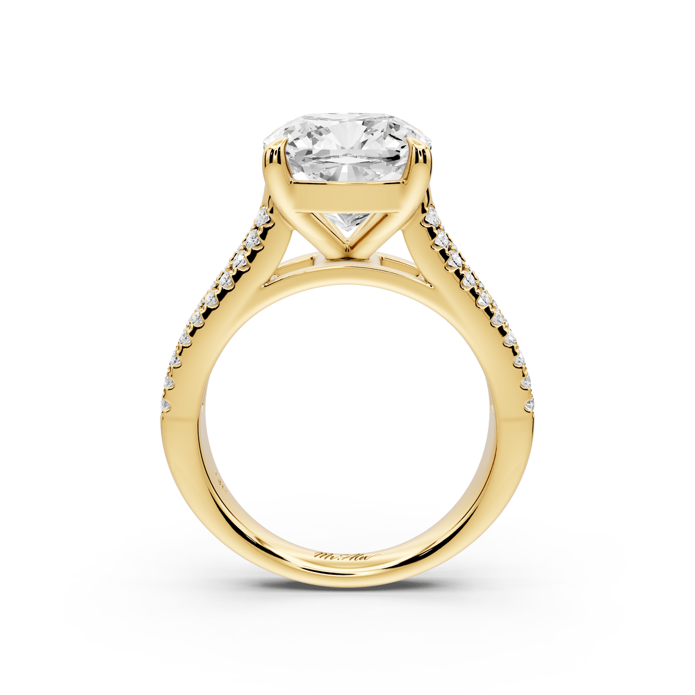 Estelle - 4ct 18k yellow gold cushion diamond with emerald and round cut accent stones half band cathedral engagement ring - Mr. Alex Jewelry