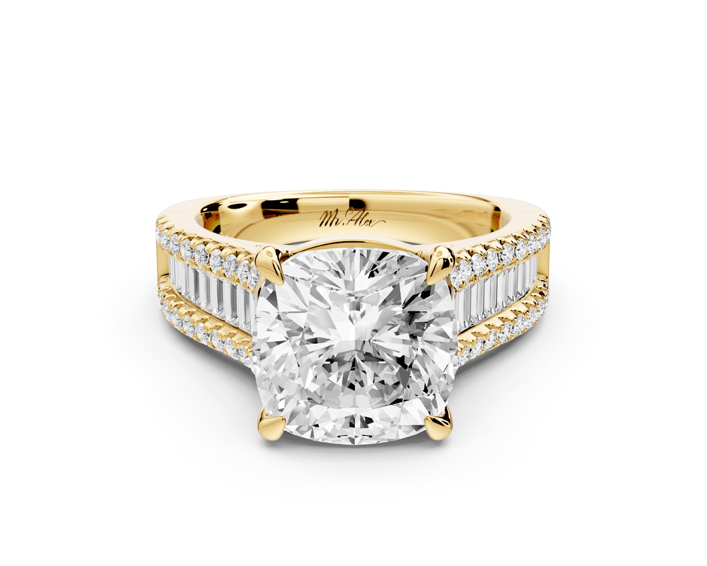 Estelle - 4ct 18k yellow gold cushion diamond with emerald and round cut accent stones half band cathedral engagement ring - Mr. Alex Jewelry
