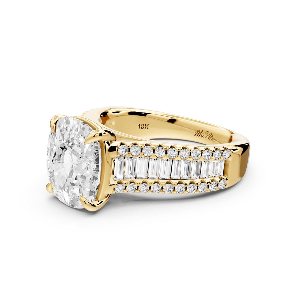 Estelle - 4ct 18k yellow gold ecushion diamond with emerald and round cut accent stones half band cathedral engagement ring - Mr. Alex Jewelry