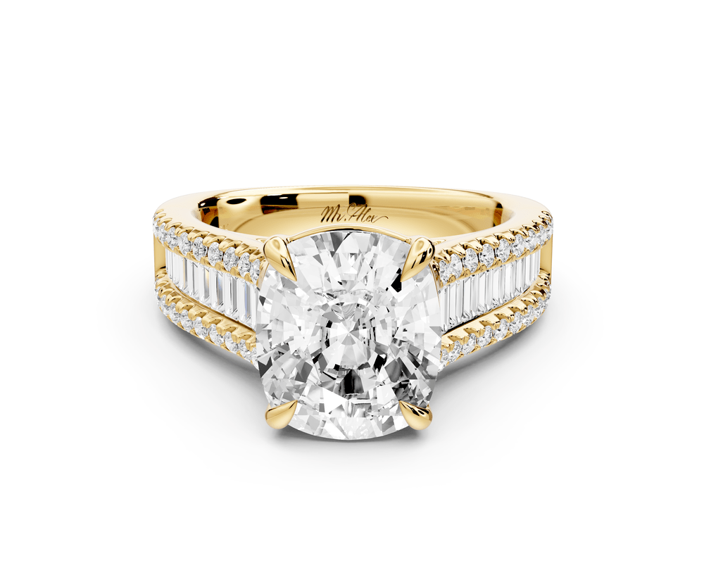 Estelle - 4ct 18k yellow gold ecushion diamond with emerald and round cut accent stones half band cathedral engagement ring - Mr. Alex Jewelry