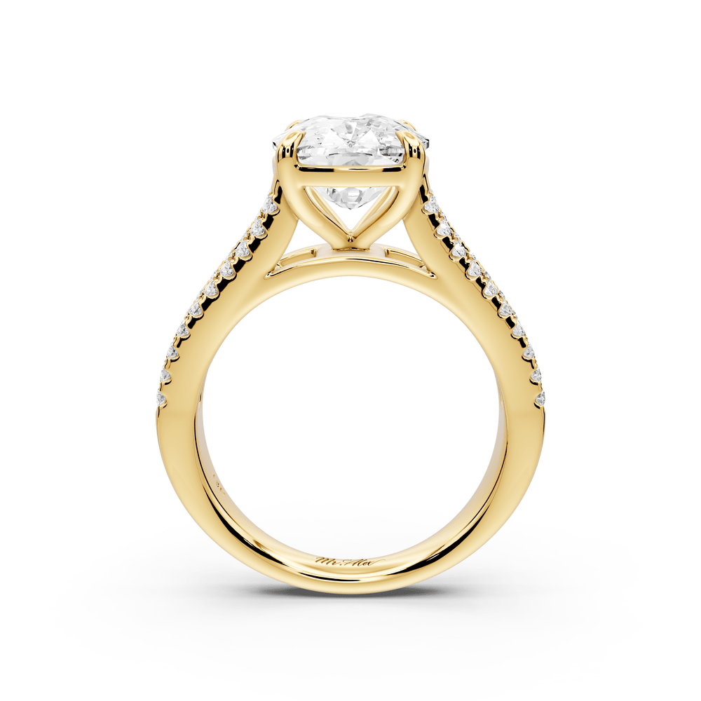 Estelle - 4ct 18k yellow gold ecushion diamond with emerald and round cut accent stones half band cathedral engagement ring - Mr. Alex Jewelry