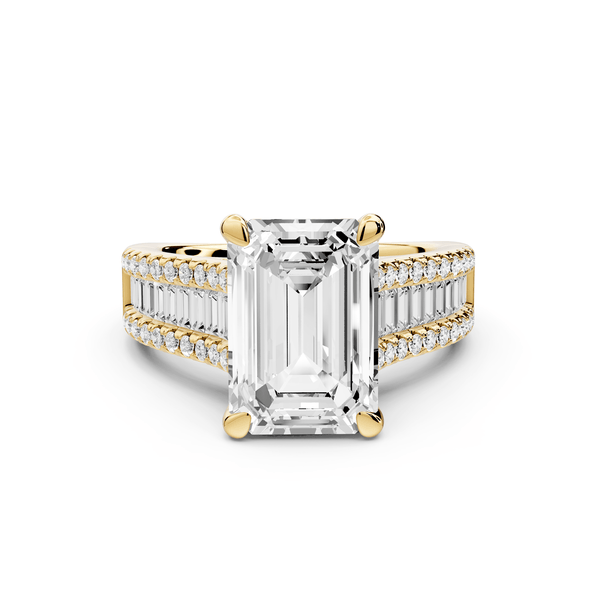 Estelle - 4ct 18k yellow gold emerald diamond with emerald and round cut accent stones half band cathedral engagamengt ring - Mr. Alex Jewelry