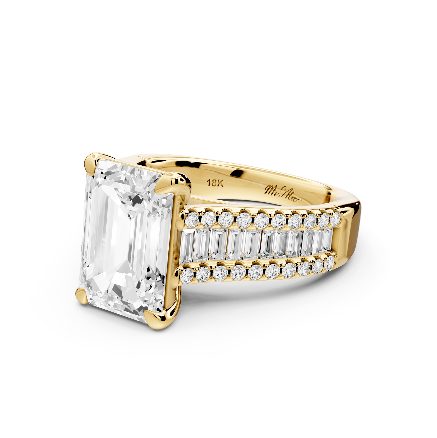 Estelle - 4ct 18k yellow gold emerald diamond with emerald and round cut accent stones half band cathedral engagamengt ring - Mr. Alex Jewelry