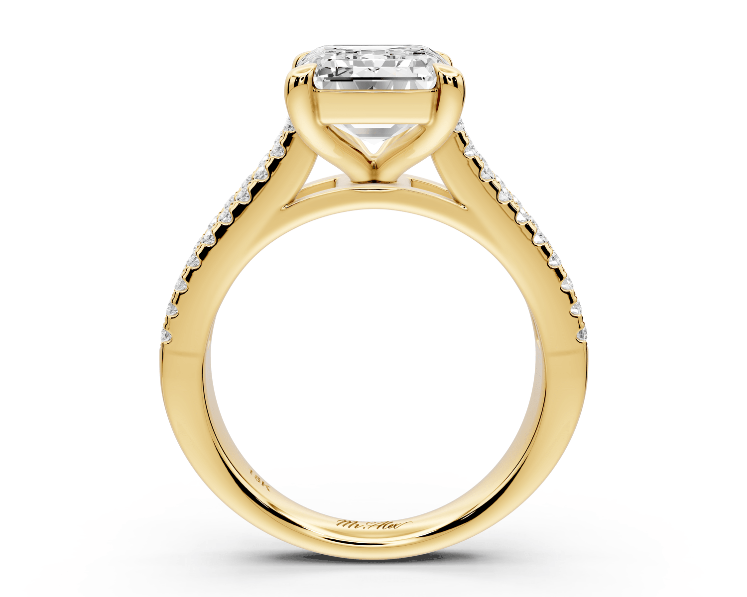 Estelle - 4ct 18k yellow gold emerald diamond with emerald and round cut accent stones half band cathedral engagamengt ring - Mr. Alex Jewelry