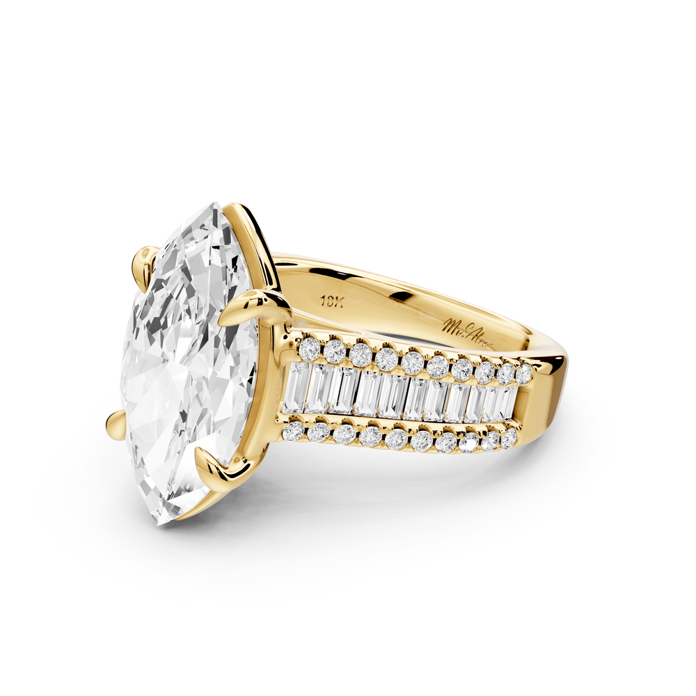 Estelle - 4ct 18k yellow gold marquise diamond with emerald and round cut accent stones half band cathedral engagement ring - Mr. Alex Jewelry