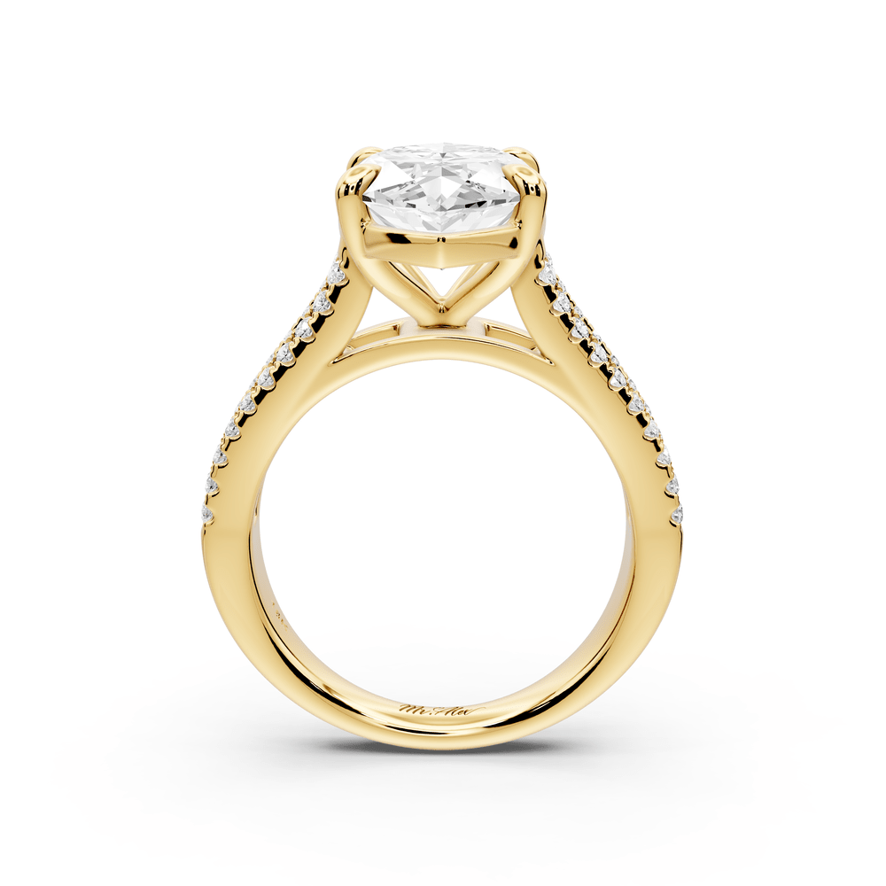 Estelle - 4ct 18k yellow gold marquise diamond with emerald and round cut accent stones half band cathedral engagement ring - Mr. Alex Jewelry