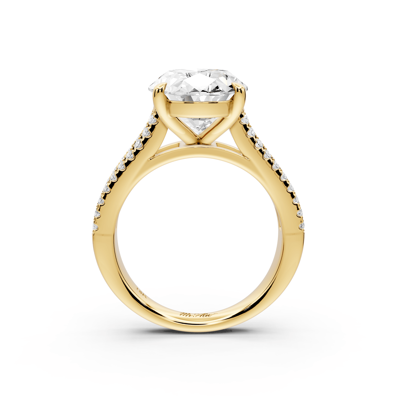Estelle - 4ct 18k yellow gold oval diamond with emerald and round cut accent stones half band cathedral engagamengt ring - Mr. Alex Jewelry