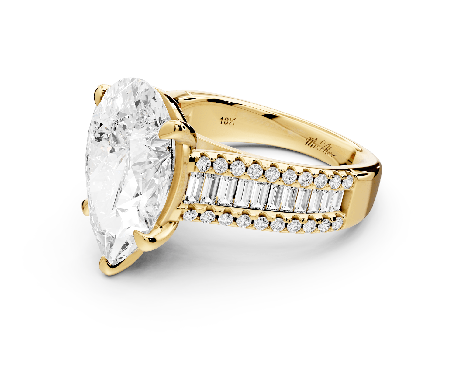 Estelle - 4ct 18k yellow gold pear diamond with emerald and round cut accent stones half band cathedral engagamengt ring - Mr. Alex Jewelry