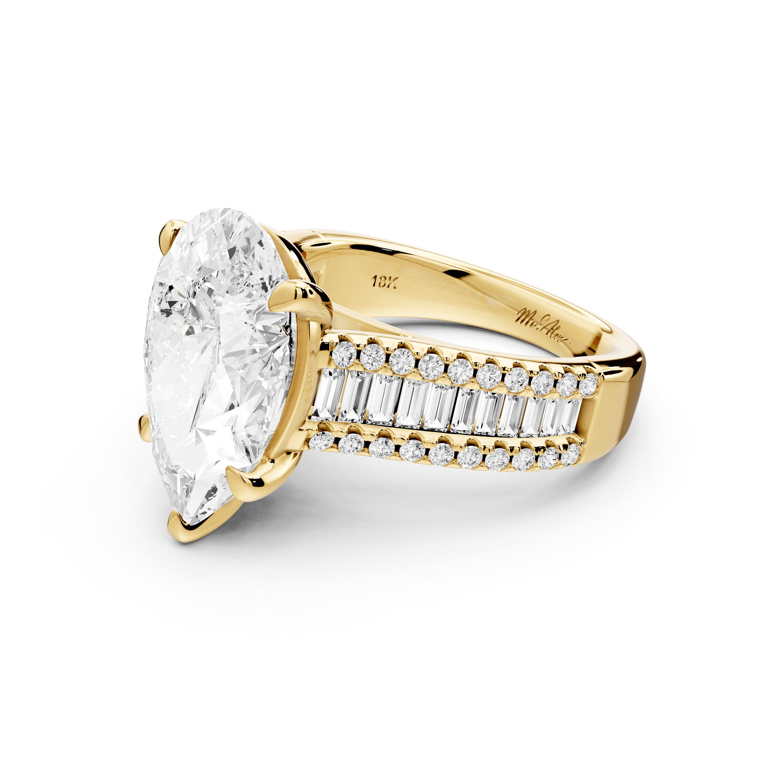 Estelle - 4ct 18k yellow gold pear diamond with emerald and round cut accent stones half band cathedral engagamengt ring - Mr. Alex Jewelry