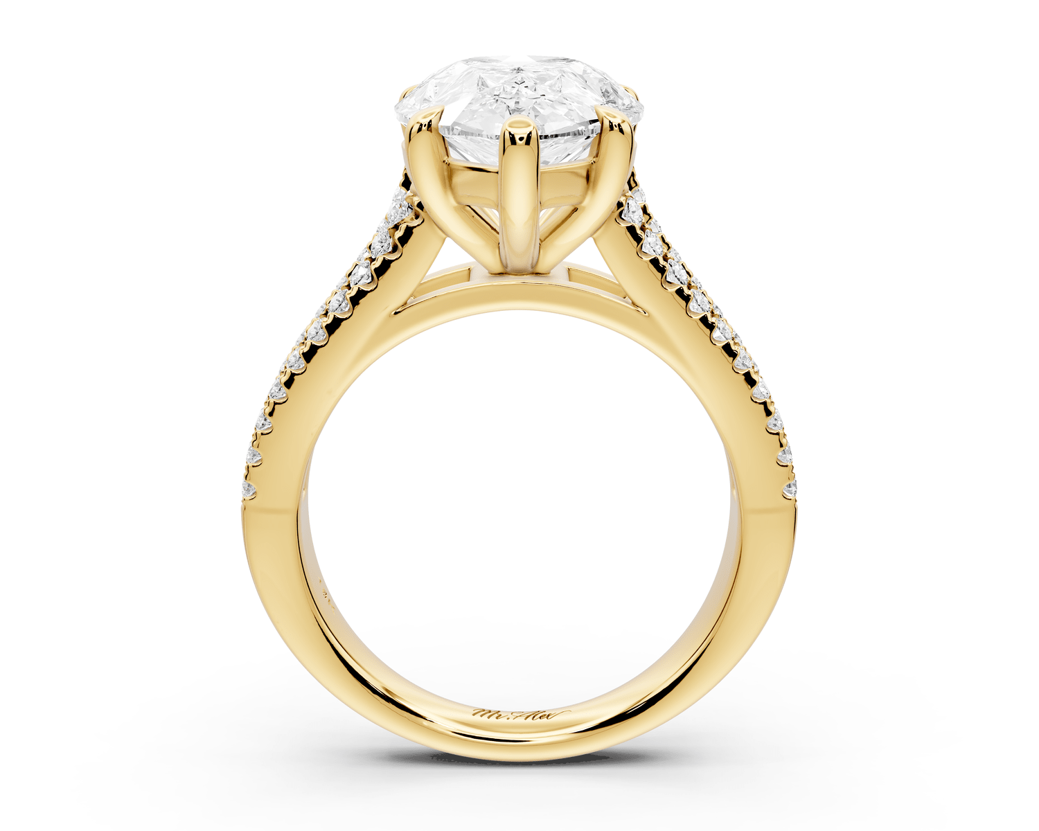 Estelle - 4ct 18k yellow gold pear diamond with emerald and round cut accent stones half band cathedral engagamengt ring - Mr. Alex Jewelry