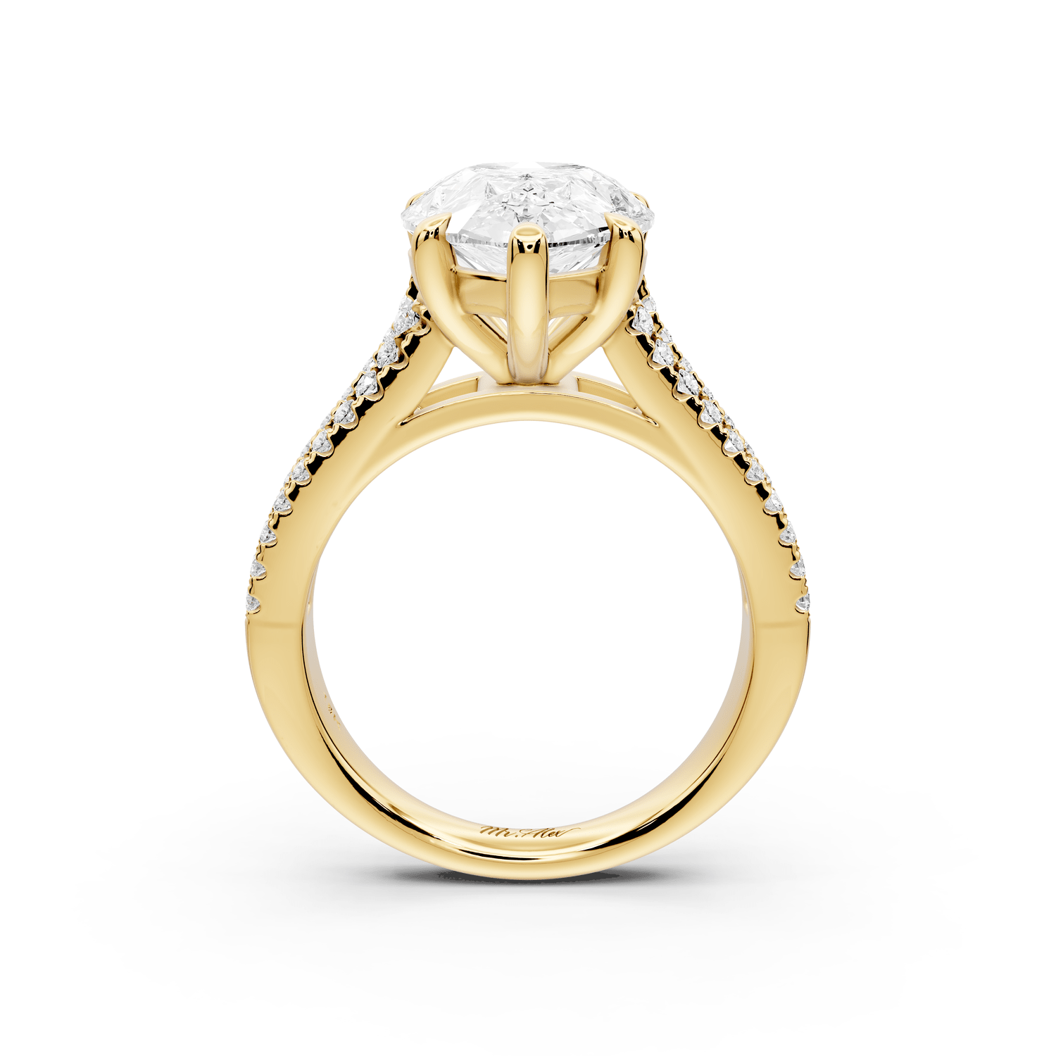 Estelle - 4ct 18k yellow gold pear diamond with emerald and round cut accent stones half band cathedral engagamengt ring - Mr. Alex Jewelry