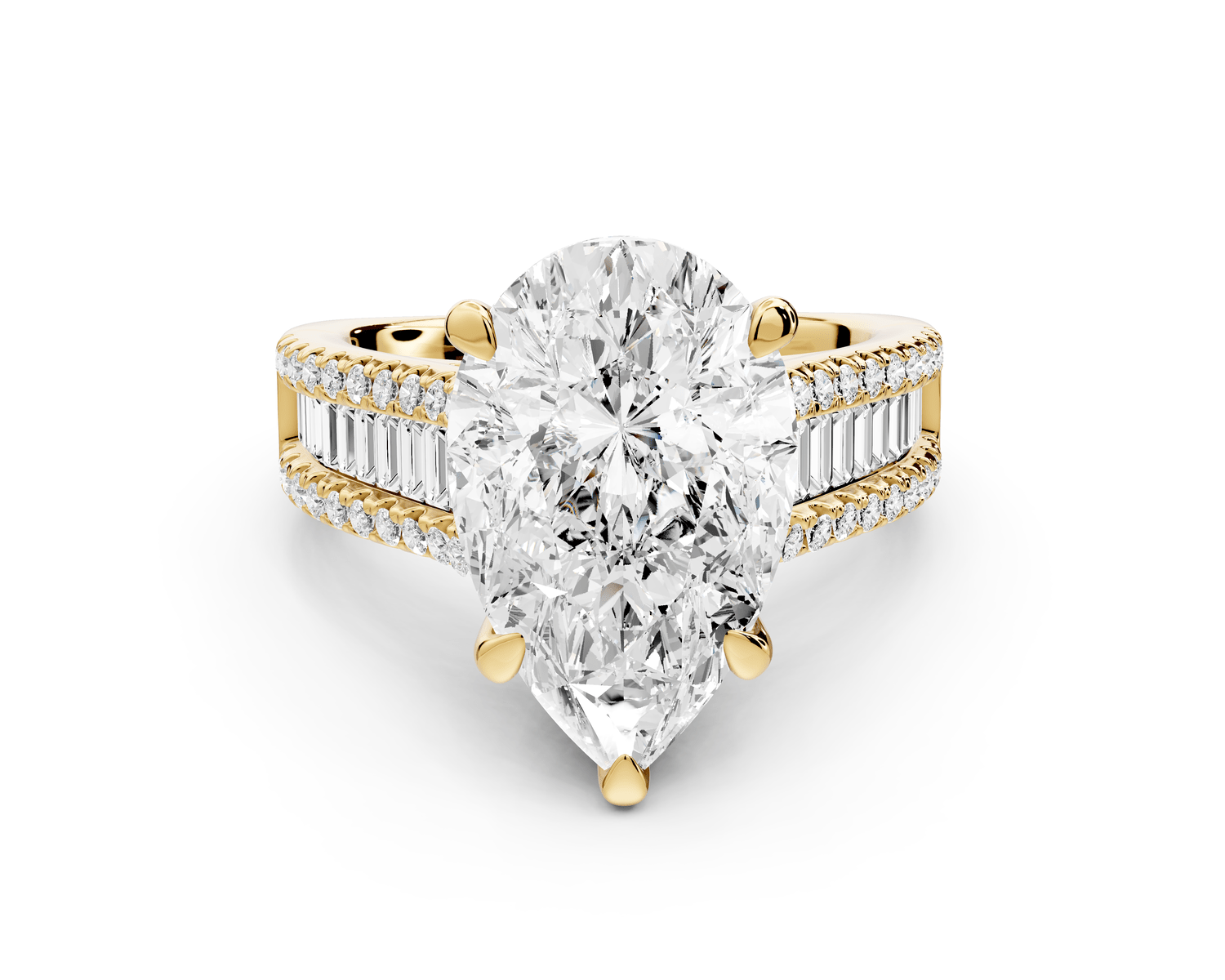 Estelle - 4ct 18k yellow gold pear diamond with emerald and round cut accent stones half band cathedral engagamengt ring - Mr. Alex Jewelry