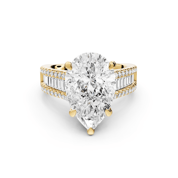 Estelle - 4ct 18k yellow gold pear diamond with emerald and round cut accent stones half band cathedral engagamengt ring - Mr. Alex Jewelry