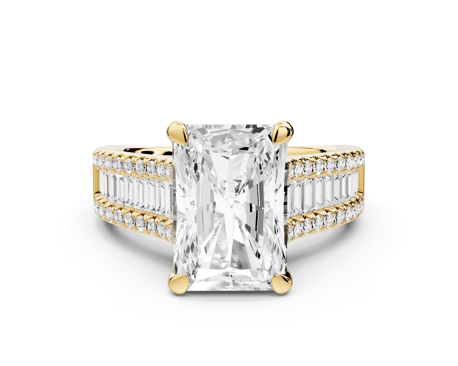 Estelle - 4ct 18k yellow gold radiant diamond with emerald and round cut accent stones half band cathedral engagement ring - Mr. Alex Jewelry