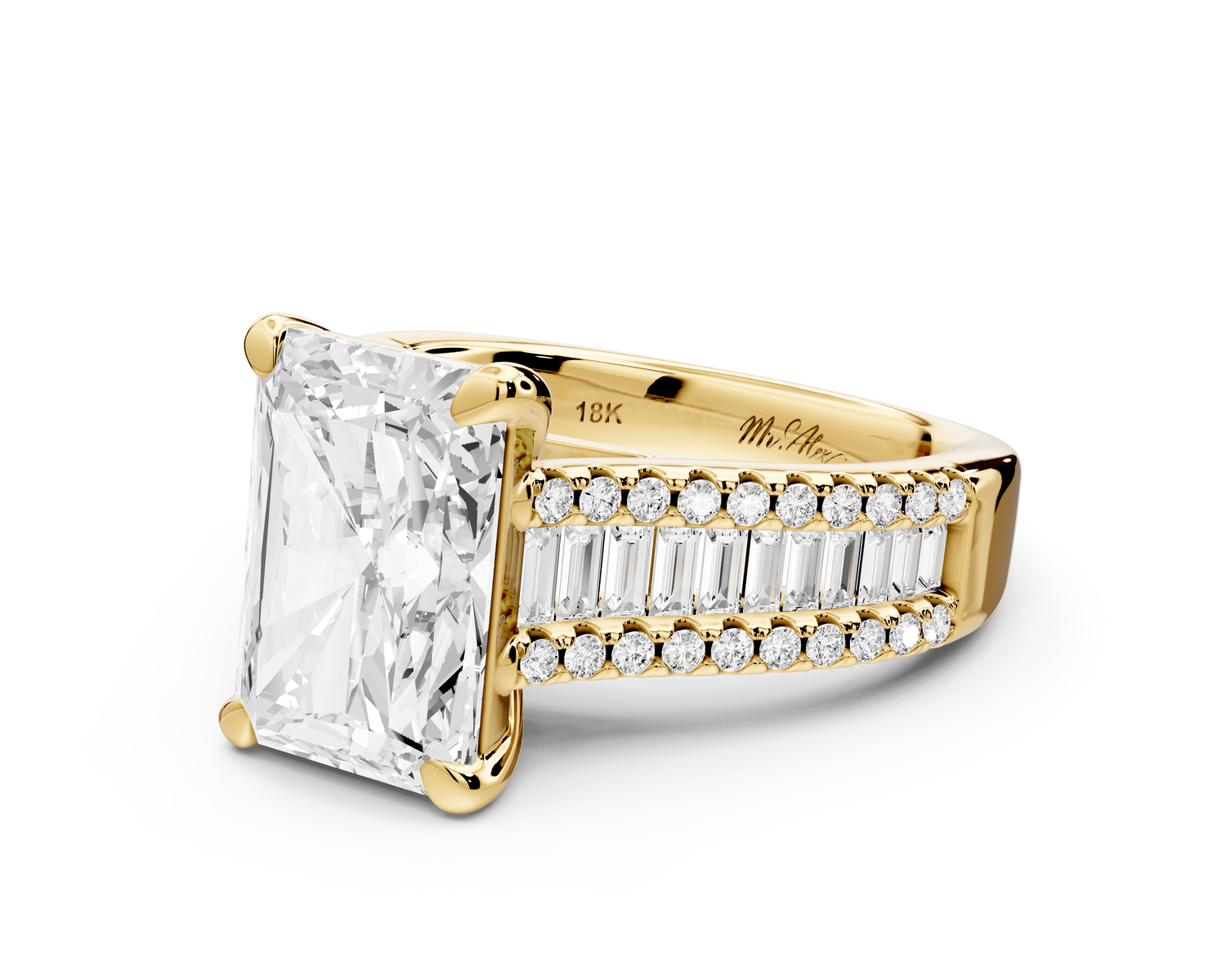 Estelle - 4ct 18k yellow gold radiant diamond with emerald and round cut accent stones half band cathedral engagement ring - Mr. Alex Jewelry