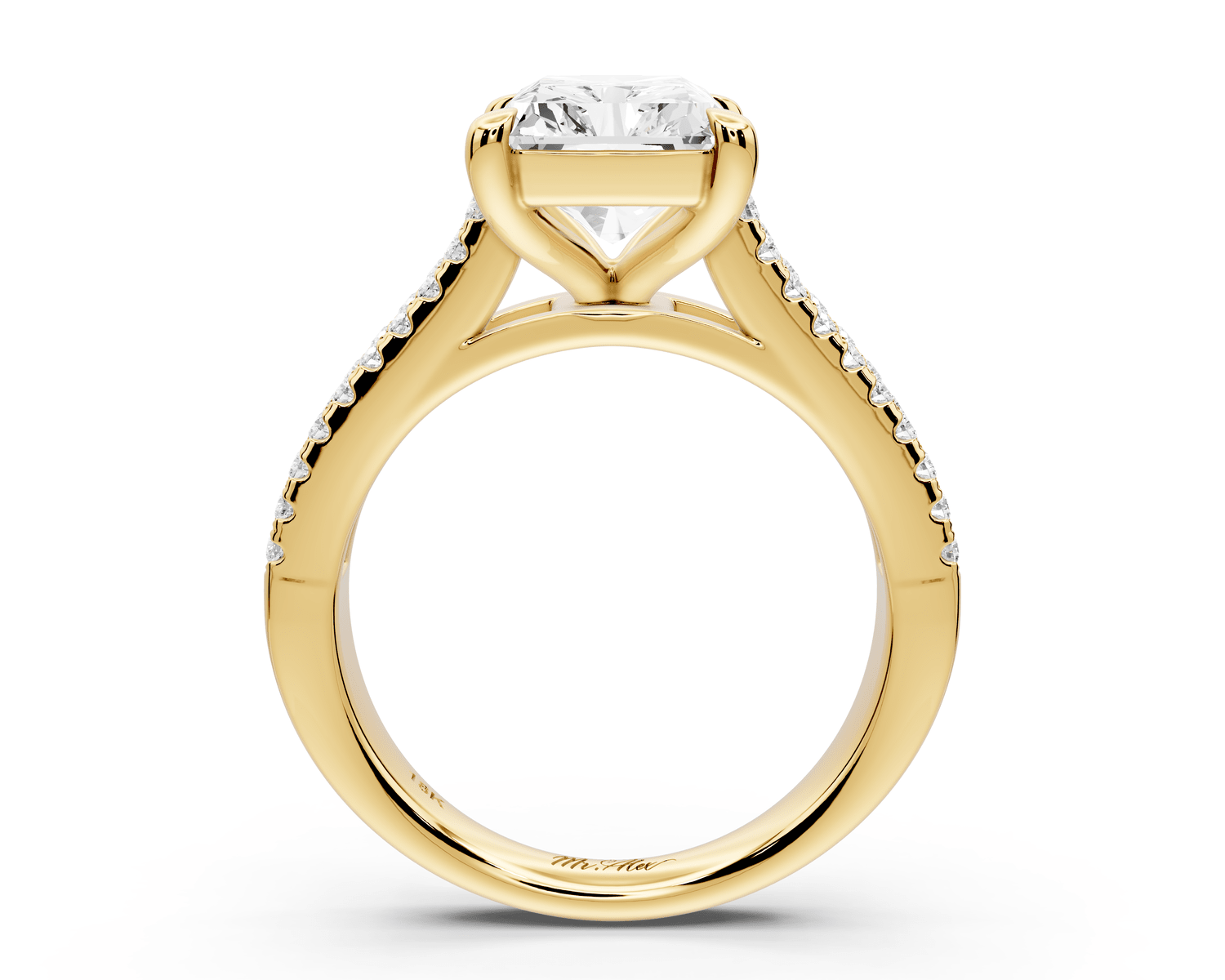 Estelle - 4ct 18k yellow gold radiant diamond with emerald and round cut accent stones half band cathedral engagement ring - Mr. Alex Jewelry