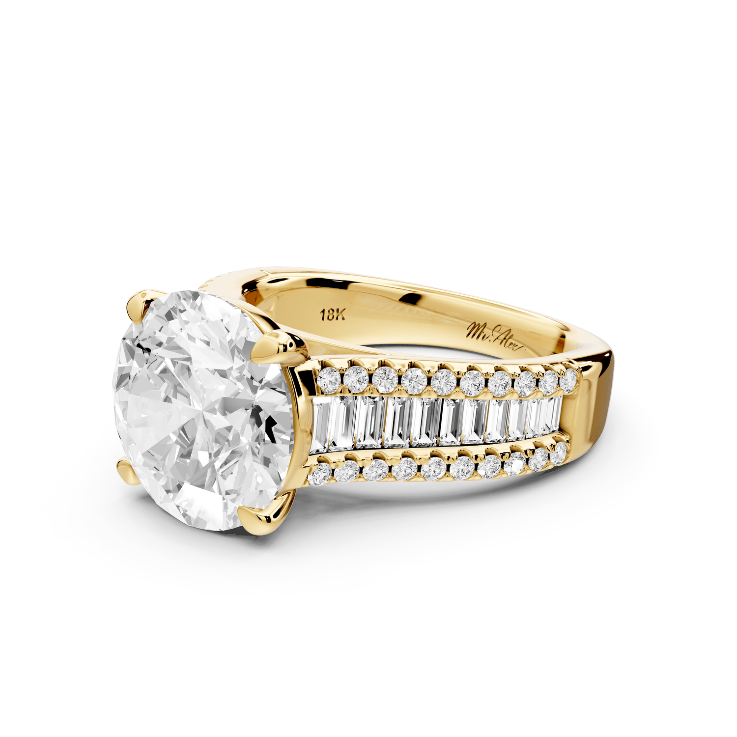 Estelle - 4ct 18k yellow gold round diamond with emerald and round cut accent stones half band cathedral engagamengt ring - Mr. Alex Jewelry