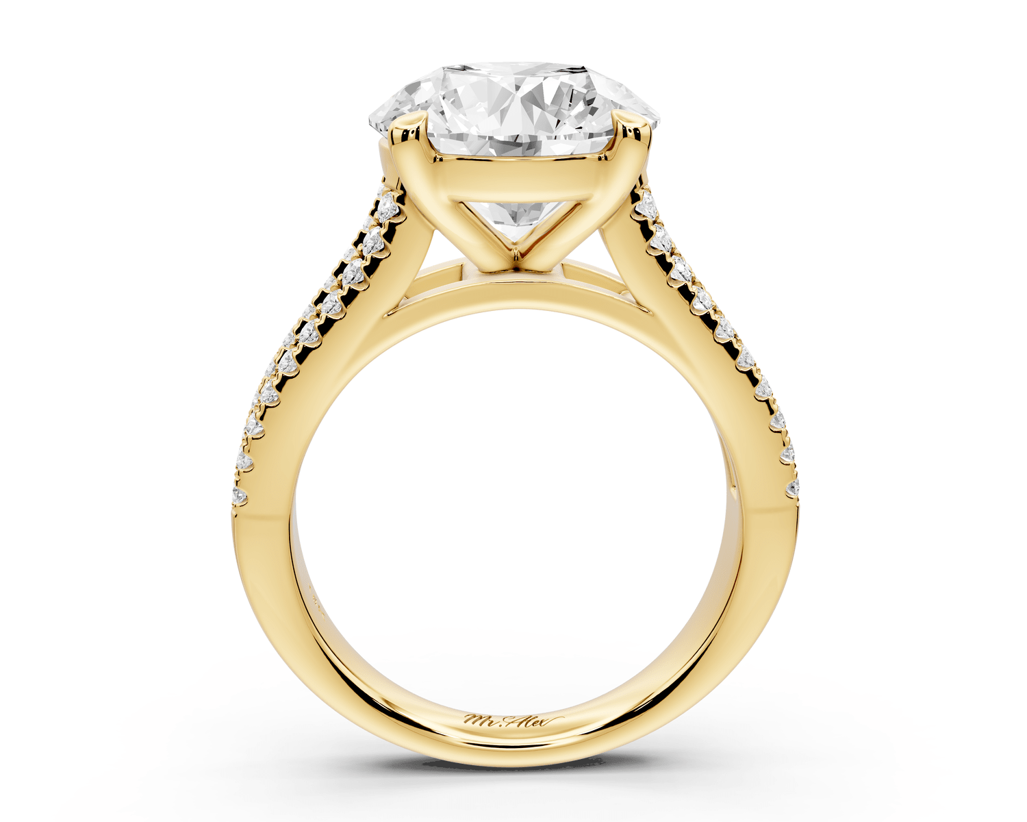 Estelle - 4ct 18k yellow gold round diamond with emerald and round cut accent stones half band cathedral engagamengt ring - Mr. Alex Jewelry