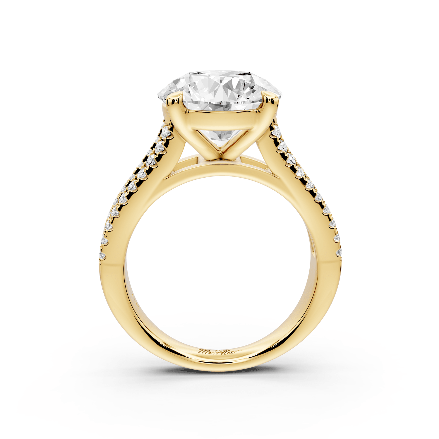 Estelle - 4ct 18k yellow gold round diamond with emerald and round cut accent stones half band cathedral engagamengt ring - Mr. Alex Jewelry
