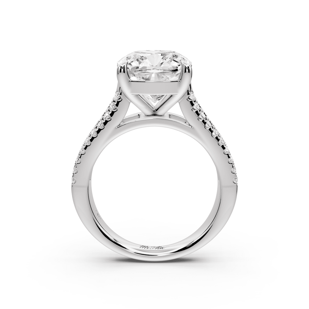 Estelle - 4ct platinum cushion diamond with emerald and round cut accent stones half band cathedral engagement ring - Mr. Alex Jewelry
