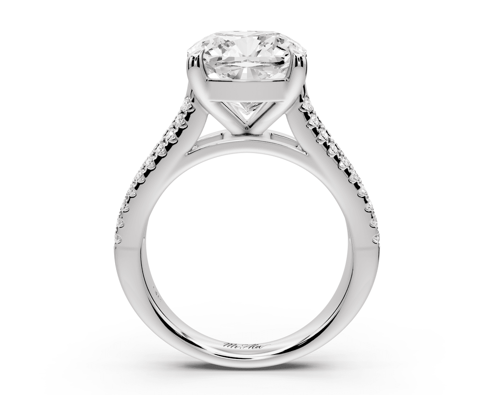 Estelle - 4ct platinum cushion diamond with emerald and round cut accent stones half band cathedral engagement ring - Mr. Alex Jewelry