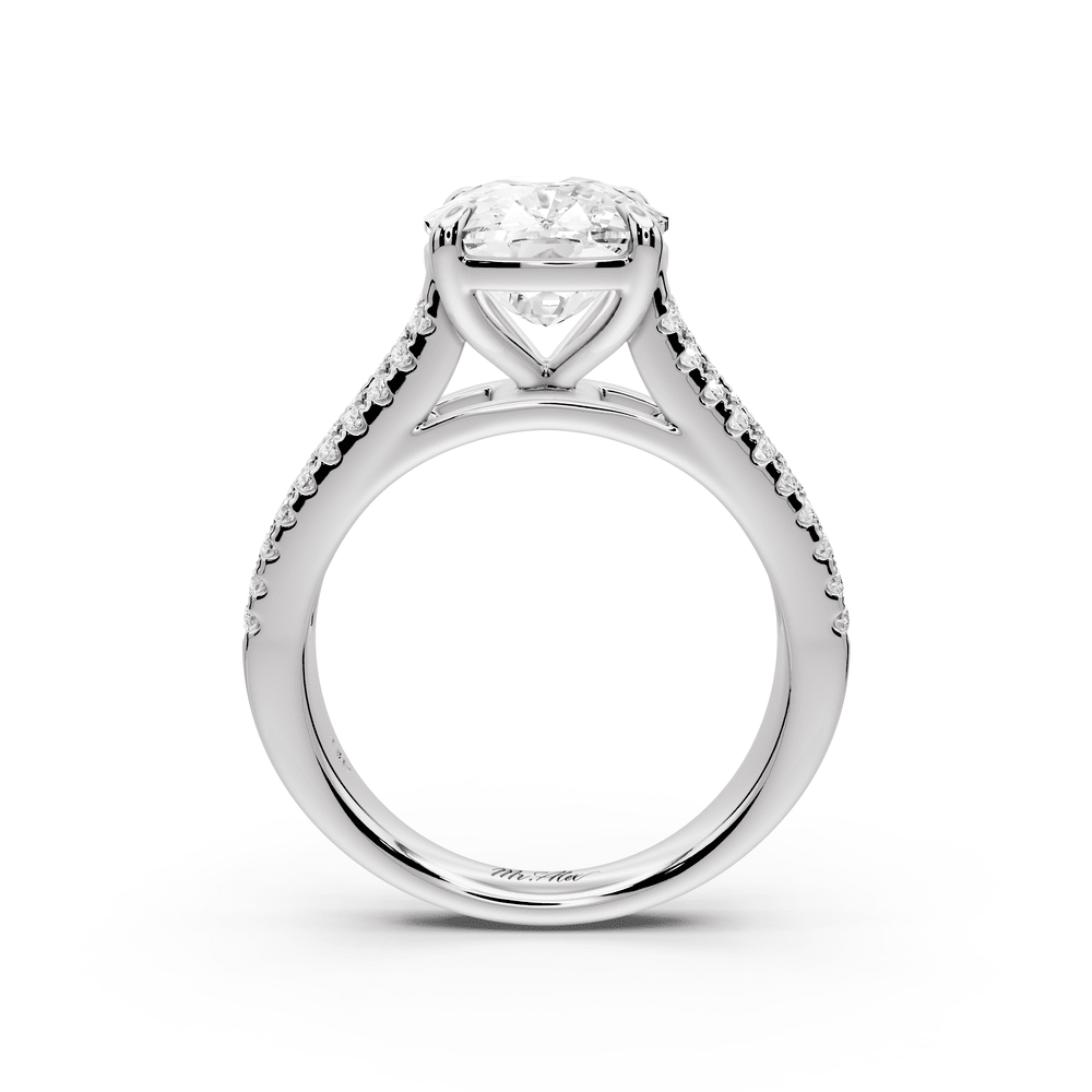 Estelle - 4ct platinum ecushion diamond with emerald and round cut accent stones half band cathedral engagement ring - Mr. Alex Jewelry