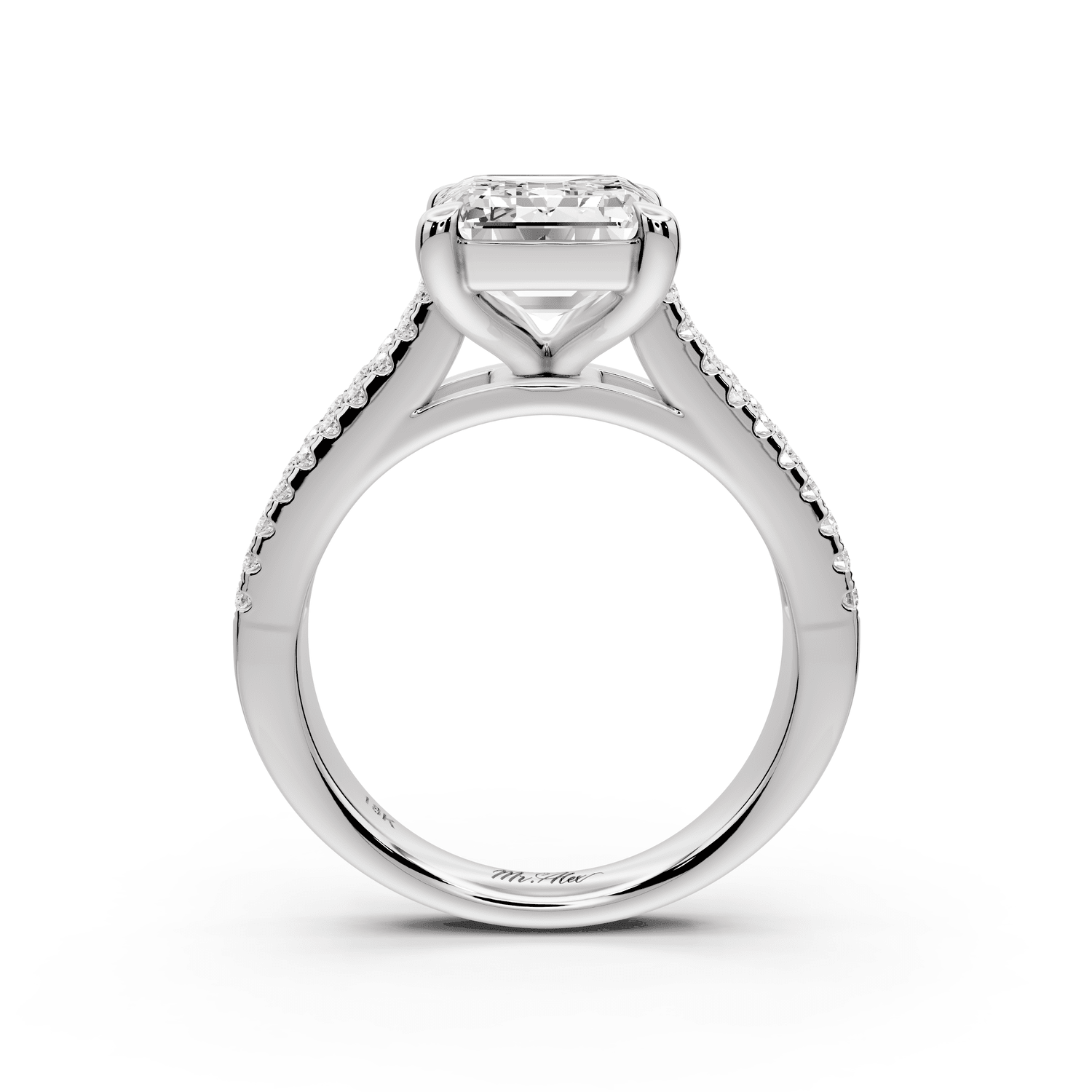 Estelle - 4ct platinum emerald diamond with emerald and round cut accent stones half band cathedral engagamengt ring - Mr. Alex Jewelry