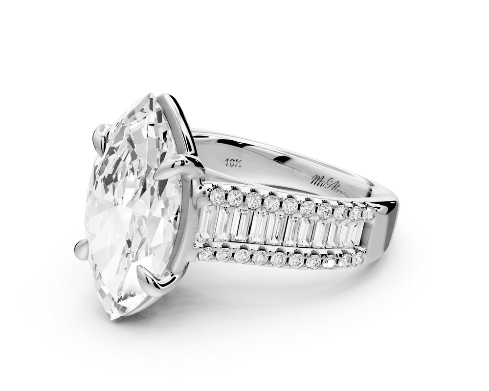 Estelle - 4ct platinum marquise diamond with emerald and round cut accent stones half band cathedral engagement ring - Mr. Alex Jewelry