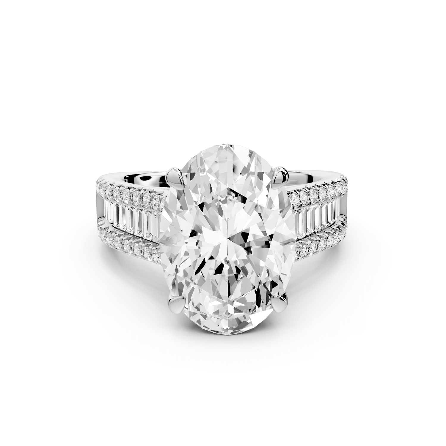 Estelle - 4ct platinum oval diamond with emerald and round cut accent stones half band cathedral engagamengt ring - Mr. Alex Jewelry