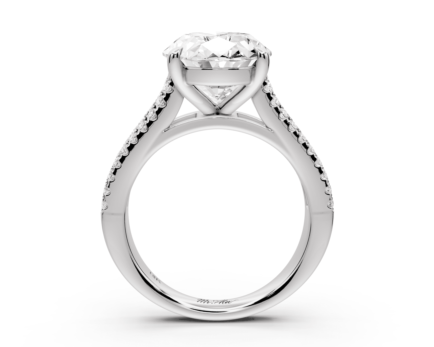 Estelle - 4ct platinum oval diamond with emerald and round cut accent stones half band cathedral engagamengt ring - Mr. Alex Jewelry