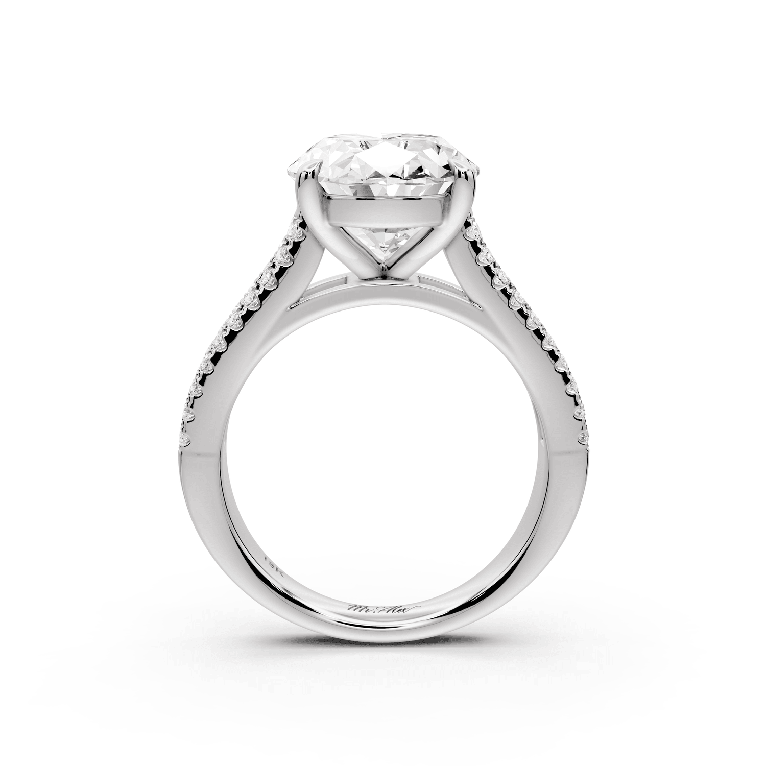 Estelle - 4ct platinum oval diamond with emerald and round cut accent stones half band cathedral engagamengt ring - Mr. Alex Jewelry