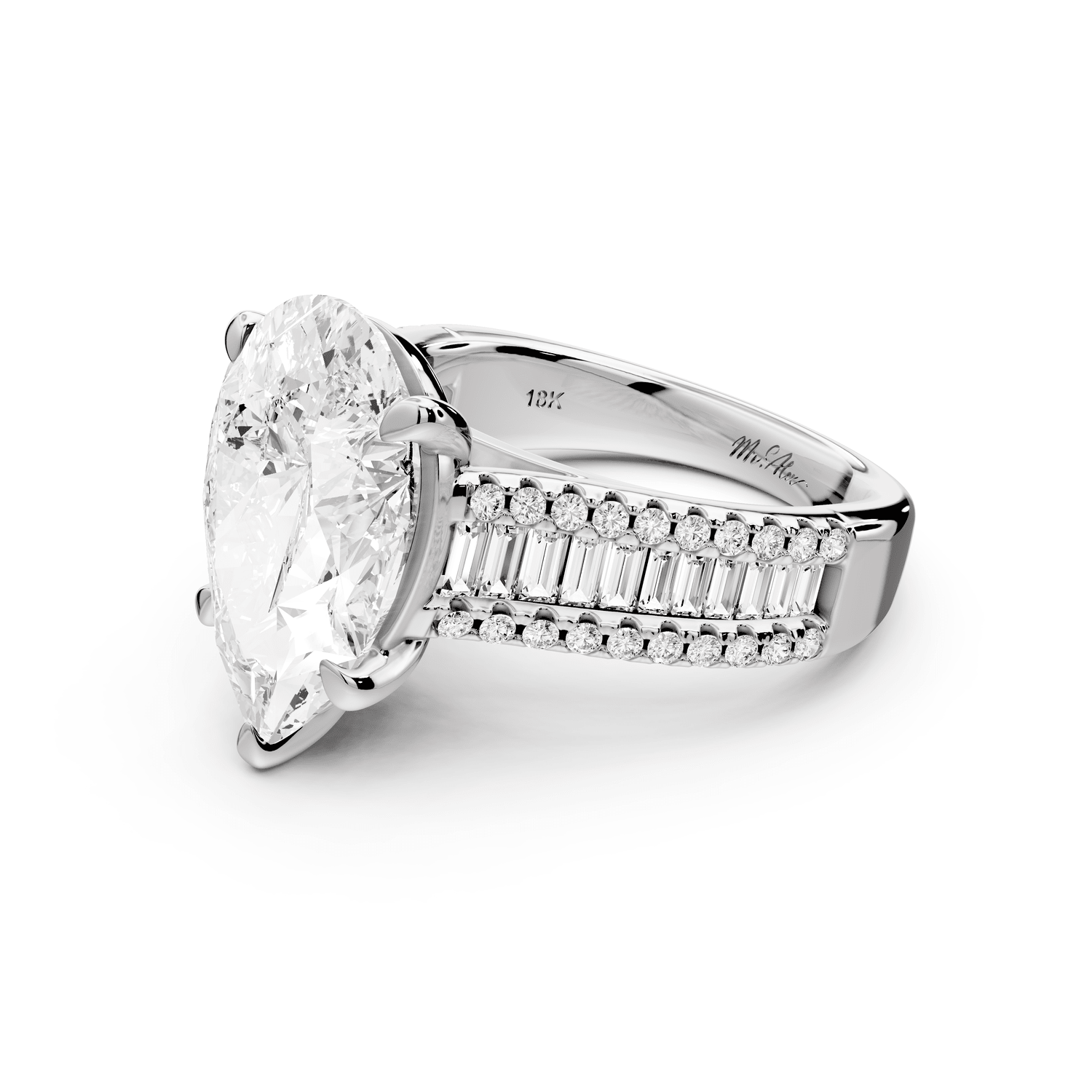 Estelle - 4ct platinum pear diamond with emerald and round cut accent stones half band cathedral engagamengt ring - Mr. Alex Jewelry