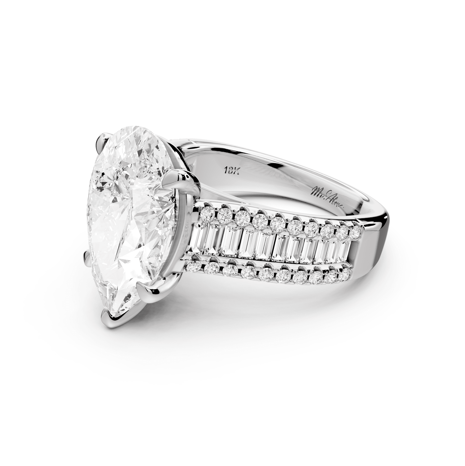 Estelle - 4ct platinum pear diamond with emerald and round cut accent stones half band cathedral engagamengt ring - Mr. Alex Jewelry
