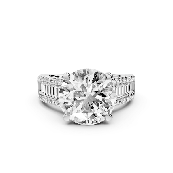 Estelle - 4ct platinum round diamond with emerald and round cut accent stones half band cathedral engagamengt ring - Mr. Alex Jewelry