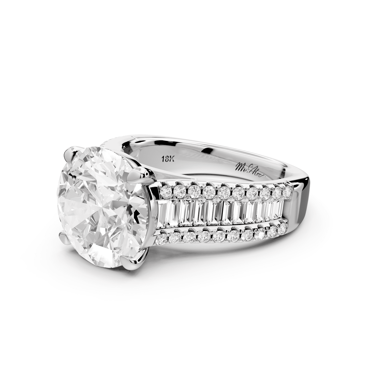 Estelle - 4ct platinum round diamond with emerald and round cut accent stones half band cathedral engagamengt ring - Mr. Alex Jewelry