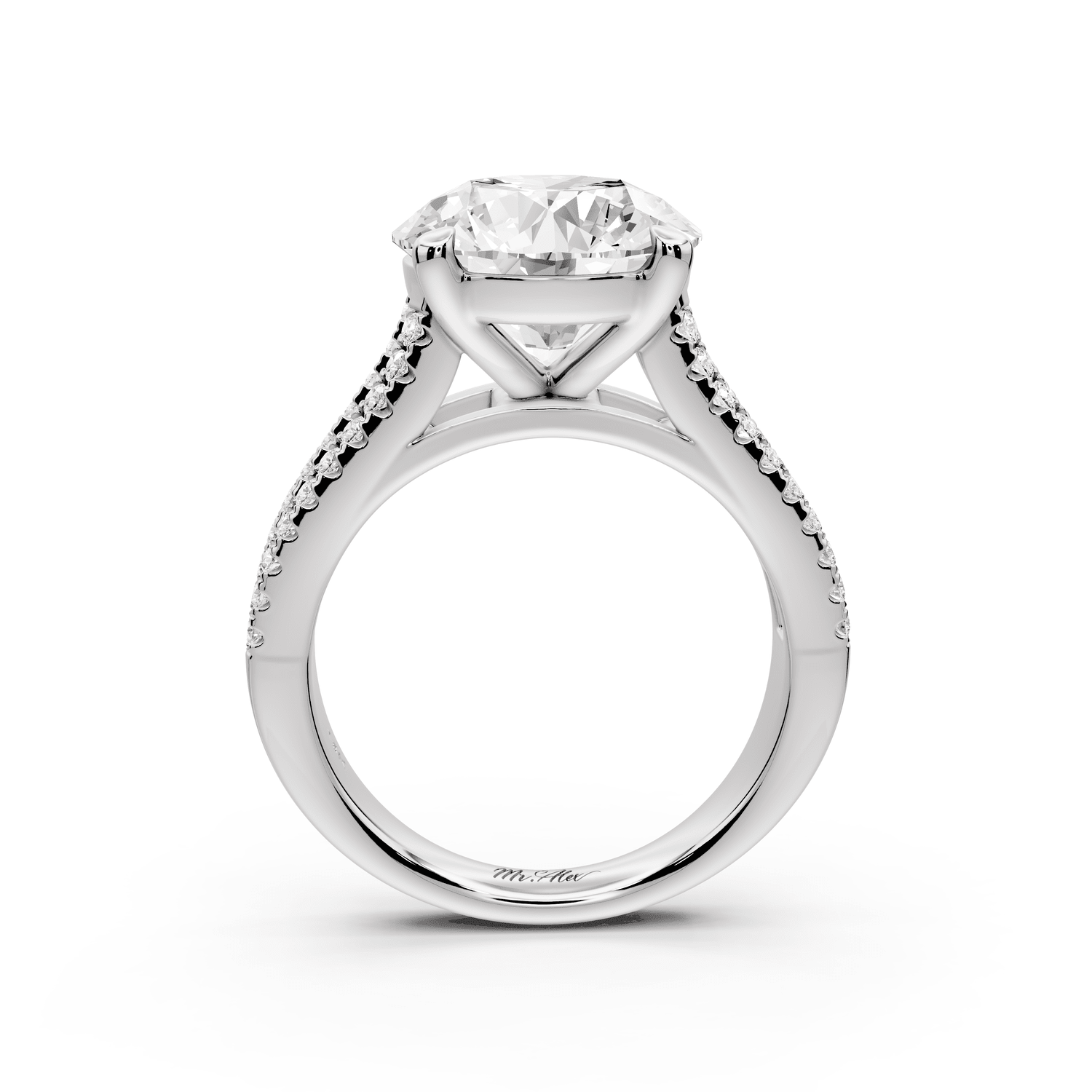 Estelle - 4ct platinum round diamond with emerald and round cut accent stones half band cathedral engagamengt ring - Mr. Alex Jewelry